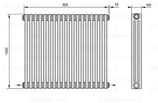 Схема (чертеж) Радиатор Zehnder Charleston 3150/18 №2670 Белый глянцевый RAL 9016